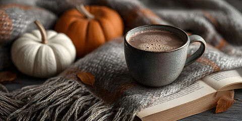 Cozy autumn arrangement with hot chocolate mug, book, and pumpkin on plaid blanket