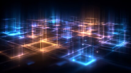 Fototapeta premium Vibrant Abstract Digital Art Background with Glowing Neon Squares and Luminous Grid Pattern.