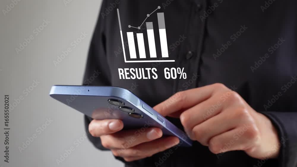 Poster professional businesswoman checking her mobile phone, with an animated icon filled with a graph with