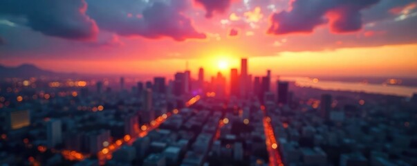 A blurred city skyline at sunset, representing the ephemeral nature of time and the relentless march of progress toward an uncertain future , dreams, blurred background