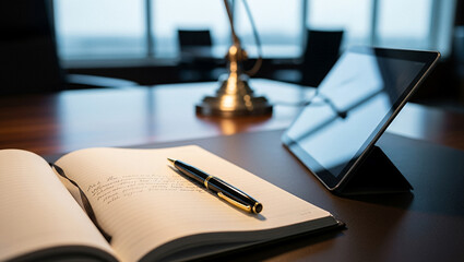 Obraz premium Open notebook pen tablet and lamp on desk in office setting, softly lit with warm light, reflecting creativity, focus, and a productive modern workspace mood.
