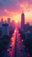 Obraz premium Abstract blurred cityscape at dawn, soft focus, hazy light, dreamy atmosphere, perfect for website backgrounds, presentations, or design projects , subtle, sunrise