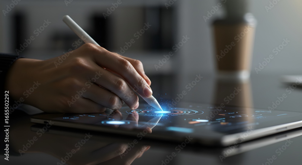 Poster hand using stylus on tablet with futuristic interface