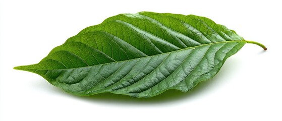 Obraz premium Single vibrant green leaf, isolated on white background. Detailed leaf veins are visible
