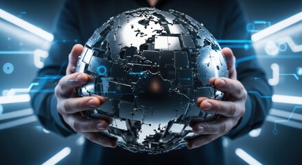Futuristic tech background with hands holding a metallic globe