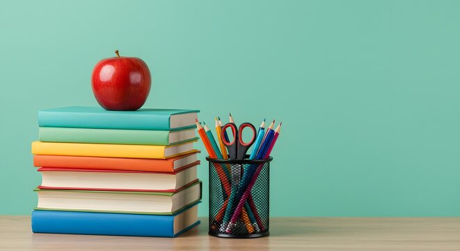 A Brightly Colored Stack of Books with an Apple on Top Set Against a Soft Turquoise Background