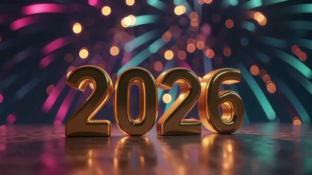 Golden 2026 celebration scene with large reflective numbers, colorful fireworks, and bokeh lights on festive night background
 - Powered by Adobe