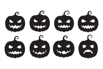 A collection of Halloween pumpkin icons with scary face variations in a simple vector design. This set includes pumpkins with angry eyes, creepy smiles, sharp teeth, and funny yet spooky expressio