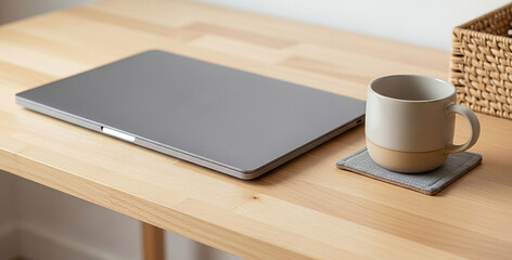 Laptop and mug with coaster on a light wood desk surface, styled with minimal clean design and natural daylight, evoking calm focus and a modern workspace setting.