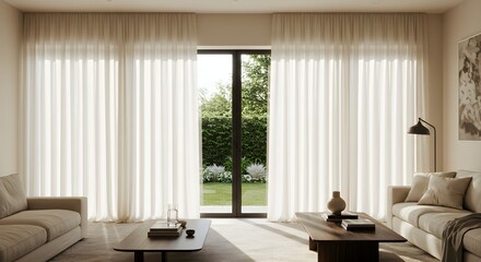 Open plan living room with sheer curtains and garden view