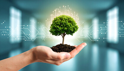 A futuristic illustration of a tree held in a hand with a glowing digital background, symbolizing green technology.