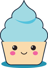 Cute anime cupcake with whipped cream and a happy face,  anime cupcake vector, cute cupcake