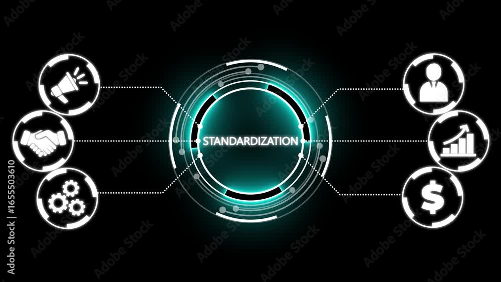 Aufkleber iso standard certification standardization quality control concept on screen. new business concept. 