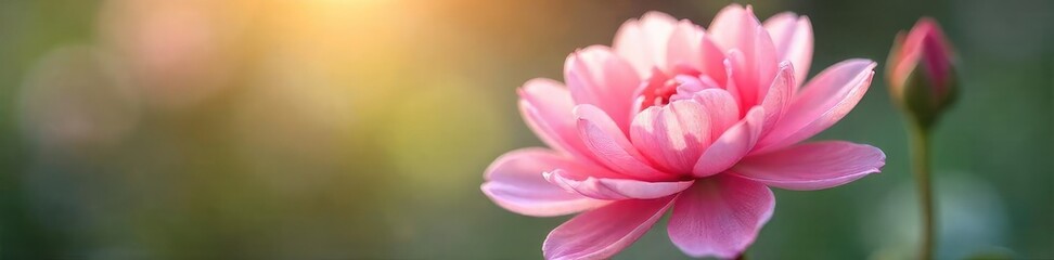 Fototapeta premium Close-up of a delicate, pink flower with soft petals, gently swaying in a summer breeze The image evokes a sense of peace and tranquility, perfect for relaxation themes , tranquil, aesthetic, spa