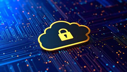 Digital illustration of cloud storage with padlock, symbolizing cybersecurity and data protection.