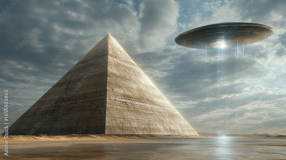 Poster massive pyramid structure cloudy sky with spacecraft descending nearby, creating mysterious