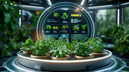 Futuristic plant dashboard showcasing crop yield data and growth analysis high tech environment