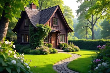 Cozy and charming cottage nestled amongst lush greenery, offering a peaceful and idyllic retreat Perfect for a relaxing getaway or quiet contemplation , picturesque, facade, nature