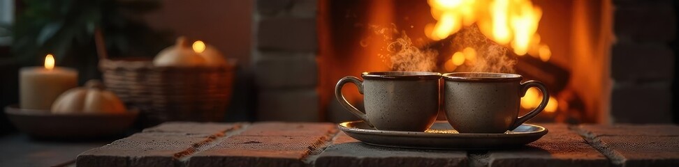Cozy scene of two mugs warming on a rustic wood stove, steam rising Perfect for blogs, articles, and websites focusing on winter comfort, romance, and hygge , romance, cozy, couple