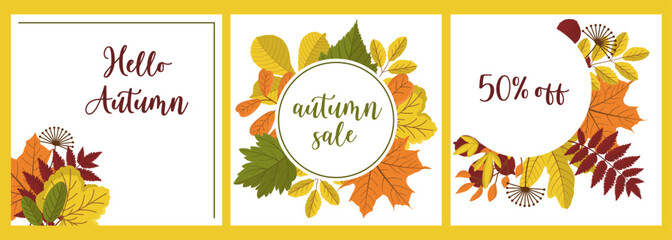 Vector postcard with autumn leaves. Banner template with autumn sale.