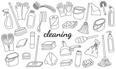 Large Vector Set of Spring Cleaning Items in Doodle Style. Linear Illustration for Various Design.