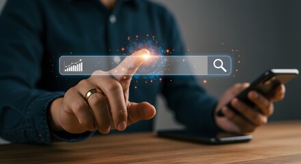 Person using a search engine interface on a smartphone with digital analytics graph and network connections