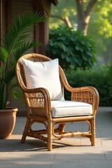 Elegant bamboo armchair, natural finish, intricate details, comfortable design, perfect for indoor or outdoor use, adds a touch of Asian-inspired style to any space , eco-friendly, garden