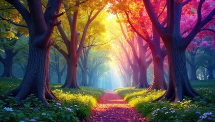 Sun-Dappled Rainbow Eucalyptus Forest Mystical, Vibrant Trees in a Lush Ethereal Setting, Perfect for Fantasy and Fairytale Themes.