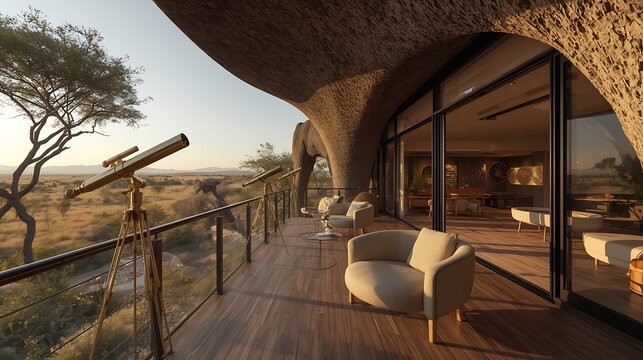 luxury desert terrace – modern architecture with telescope and scenic savanna view