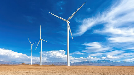 Wind turbines stand tall against vibrant blue sky with fluffy clouds, showcasing renewable