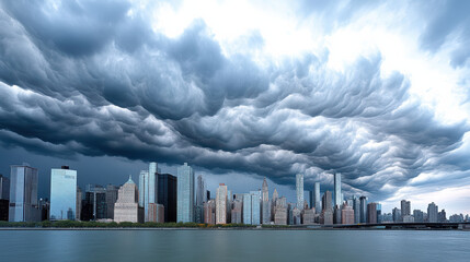 Dramatic storm clouds loom over vibrant metropolitan skyline, creating striking contrast