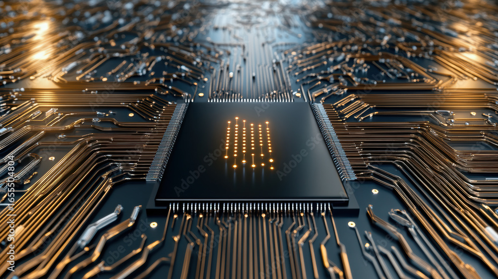 Poster high tech circuit board with glowing microchip and intricate connections, showcasing innovation