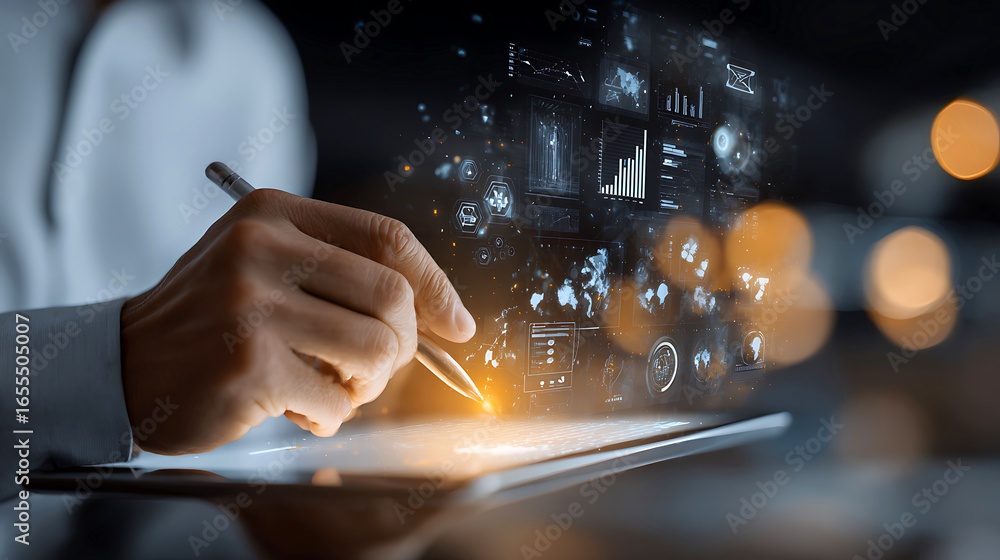 Aufkleber person using stylus on tablet with glowing digital interface and bokeh background