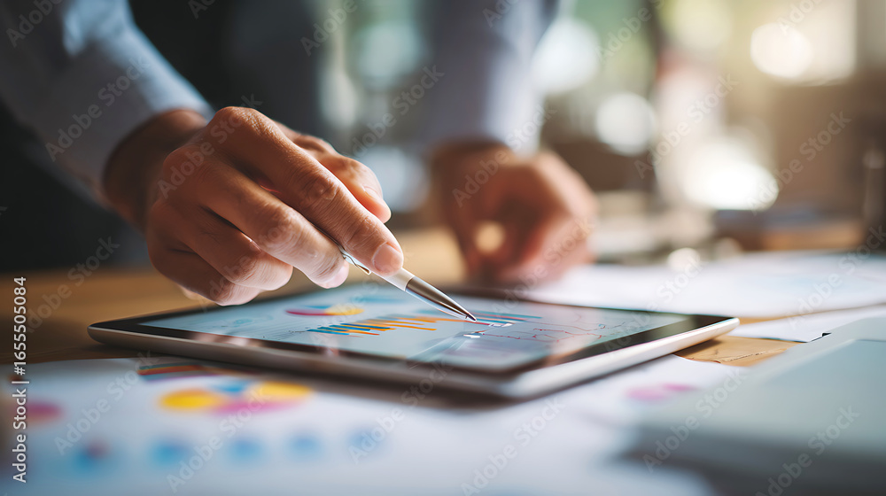 Aufkleber close up of hands using a stylus on a tablet with charts and graphs