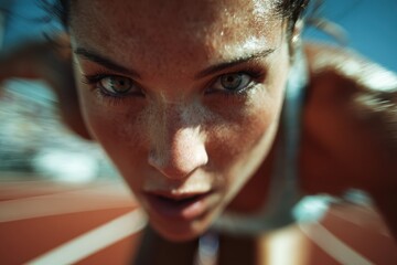 Female Runner Exploding from Starting Blocks on a Track