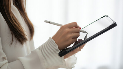 Woman using a stylus on a tablet device indoors with a bright background, styled to highlight a modern and creative digital workspace environment.