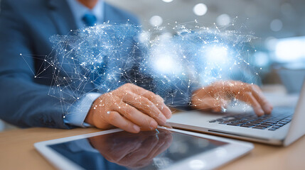 Businessman working on laptop with digital network overlay and tablet