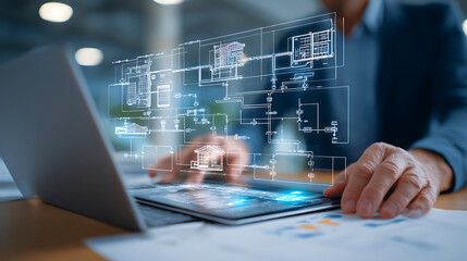 Engineer interacting with a holographic architectural blueprint on a tablet