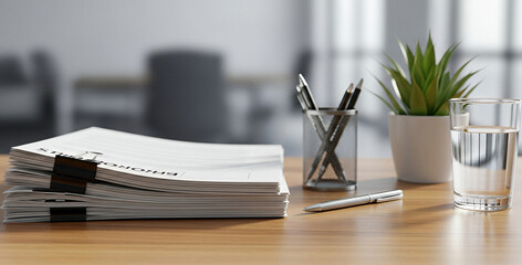 Stack of papers with a plant and writing utensils neatly arranged on a desk in an office setting, styled to highlight a clean and professional workspace.