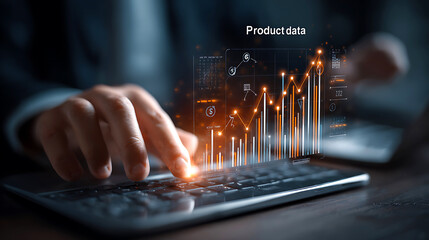 Businessman analyzing financial data with futuristic holographic charts and graphs