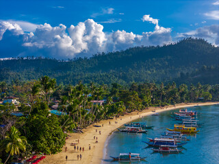 Port Barton, San Vicente. Palawan island resort in Philippines. Aerial drone view of cozy coastal...