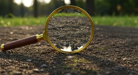 A magnifying glass focused on a path through a grassy area, revealing details of the ground.