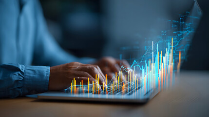 Person typing on a laptop with glowing stock market data overlay