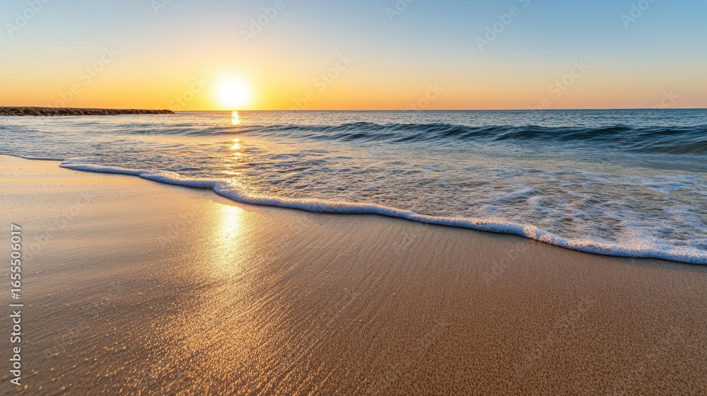 Poster sunset over calm sea creating serene atmosphere with gentle waves and soft sand