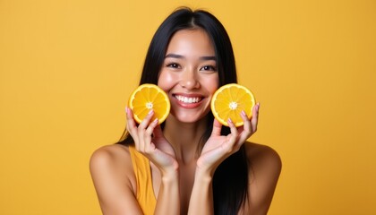 Healthy Lifestyle Portrait Woman with Black Hair Smiling with Orange Slices Fun Aesthetic