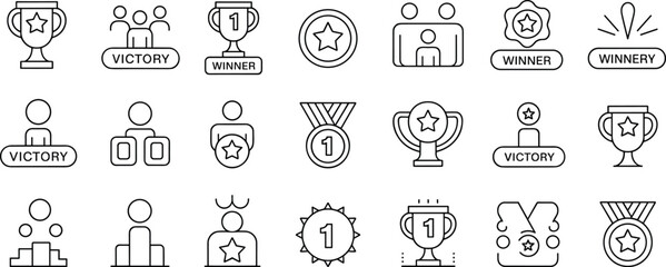 Winner trophy outline, victory medal icons, champion award symbols, competition success badges, sports achievement prizes, flat vector illustration icons