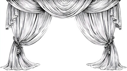 Intricate line art of draped fabric with tied tassels, evoking elegance and refinement