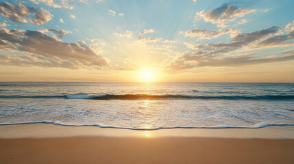 Obraz premium Breathtaking ocean sunset with rays of light illuminating horizon and gentle waves lapping shore