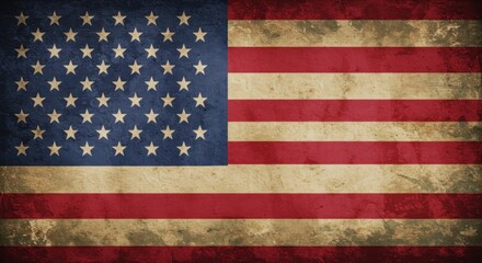 Naklejka premium Aged and weathered American flag, showing patriotism and time's passage.