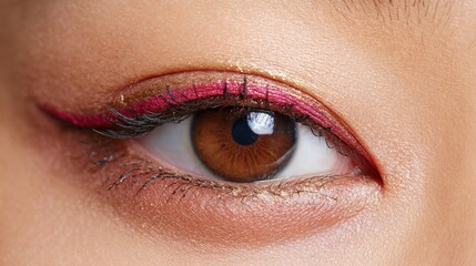 Fototapeta premium Burgundy winged reverse eyeliner with gold eyeshadow beauty eye makeup closeup macro highlight innercorner cool light neutral copyspace